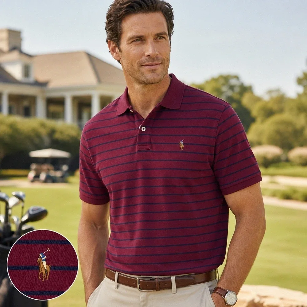 Polo Ralph Lauren Mens XL Classic Fit Burgundy Navy Striped‎ Golf Polo Pony Logo